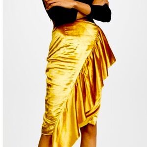 MILLY Yellow Gold Velvet Ruffle Side Slit Angelina Midi Skirt Size 2